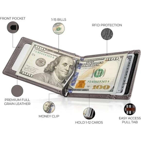 Smart RFID Blocking Leather Wallet with Airtag Holder & Money Clip - Minimalist - Picture 2 of 6